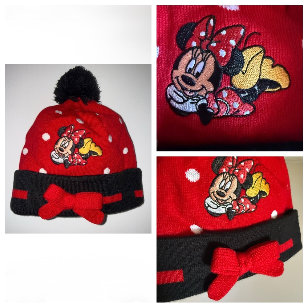 Disney Red and Black Polka Dot Pom Hat with Embroidered Minnie Mouse